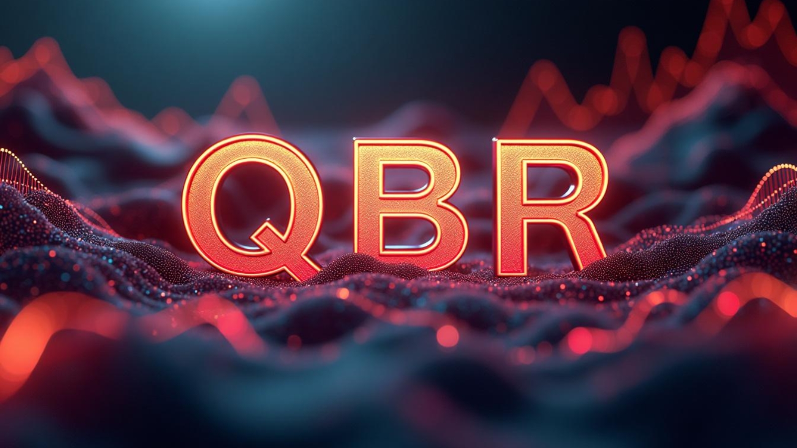 QBR (Quarterly Business Review) text in glowing orange 3D letters against a dark background with scattered light points