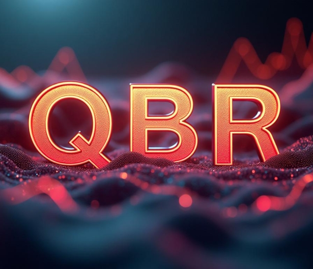 QBR (Quarterly Business Review) text in glowing orange 3D letters against a dark background with scattered light points