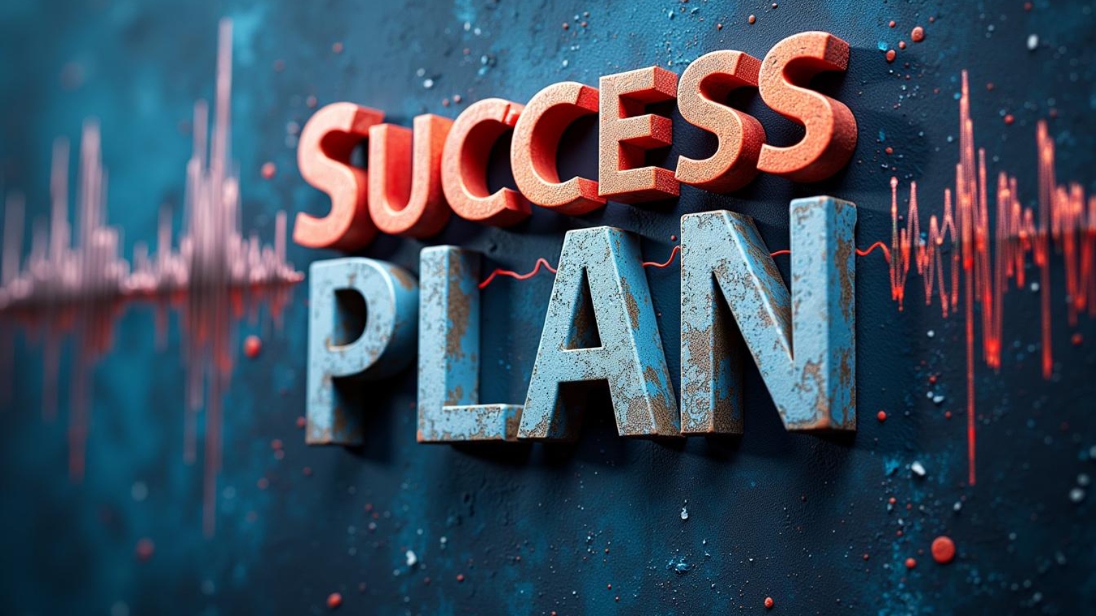 3D text reading 'SUCCESS PLAN' in red and blue letters against a textured dark background