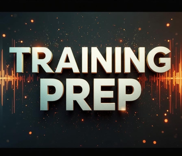 "Training Prep" displayed in bold, capital letters with a digital, futuristic design background, symbolizing the concept of modern training preparation.