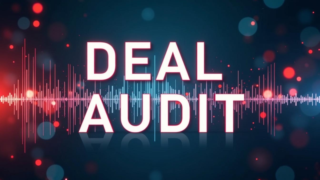 Deal Audit text in neon letters with digital waveform background
