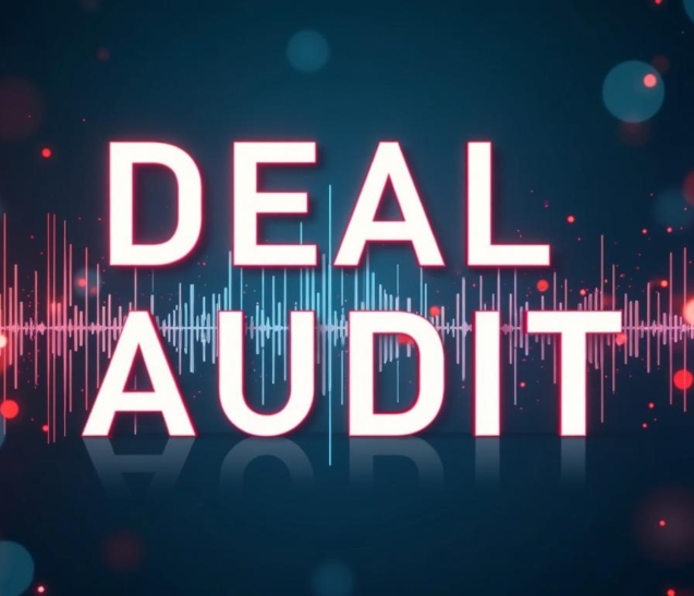 Deal Audit text in neon letters with digital waveform background